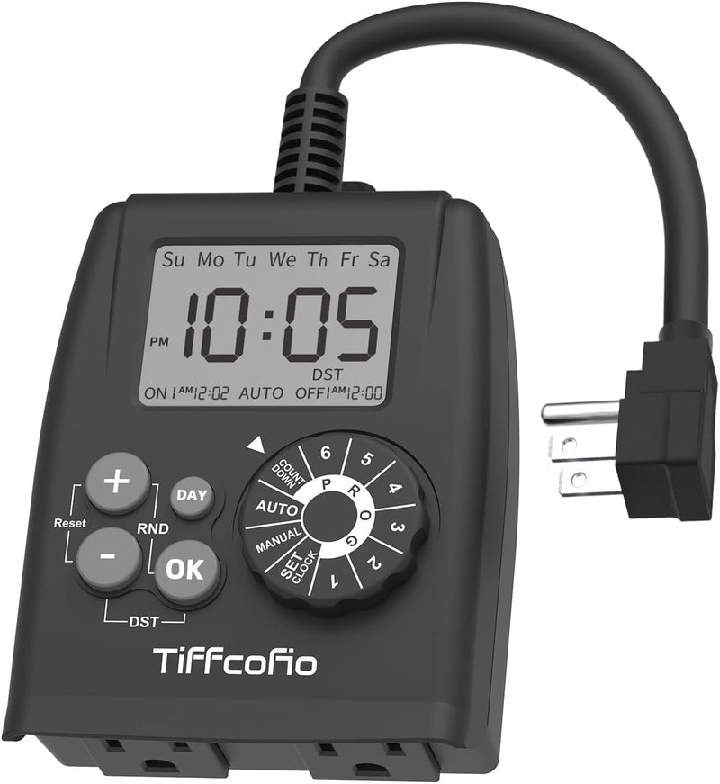 Tiffcofio New Digital Outdoor Timer Outlet, Dial Programmable Method, Outdoor Light Timer Waterproof, 2 Grounded Electrical Outlets for Christmas Lights, 6 Sets of Programs, 15A/1875W (1 Pack) - Image 1
